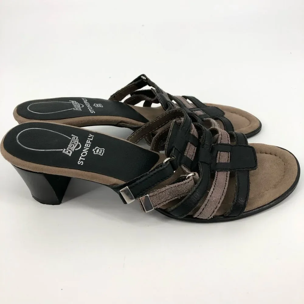 Stonefly Heeled Sandals‎ Womens 38 Black Cream Strappy Leather Slip On Open Back